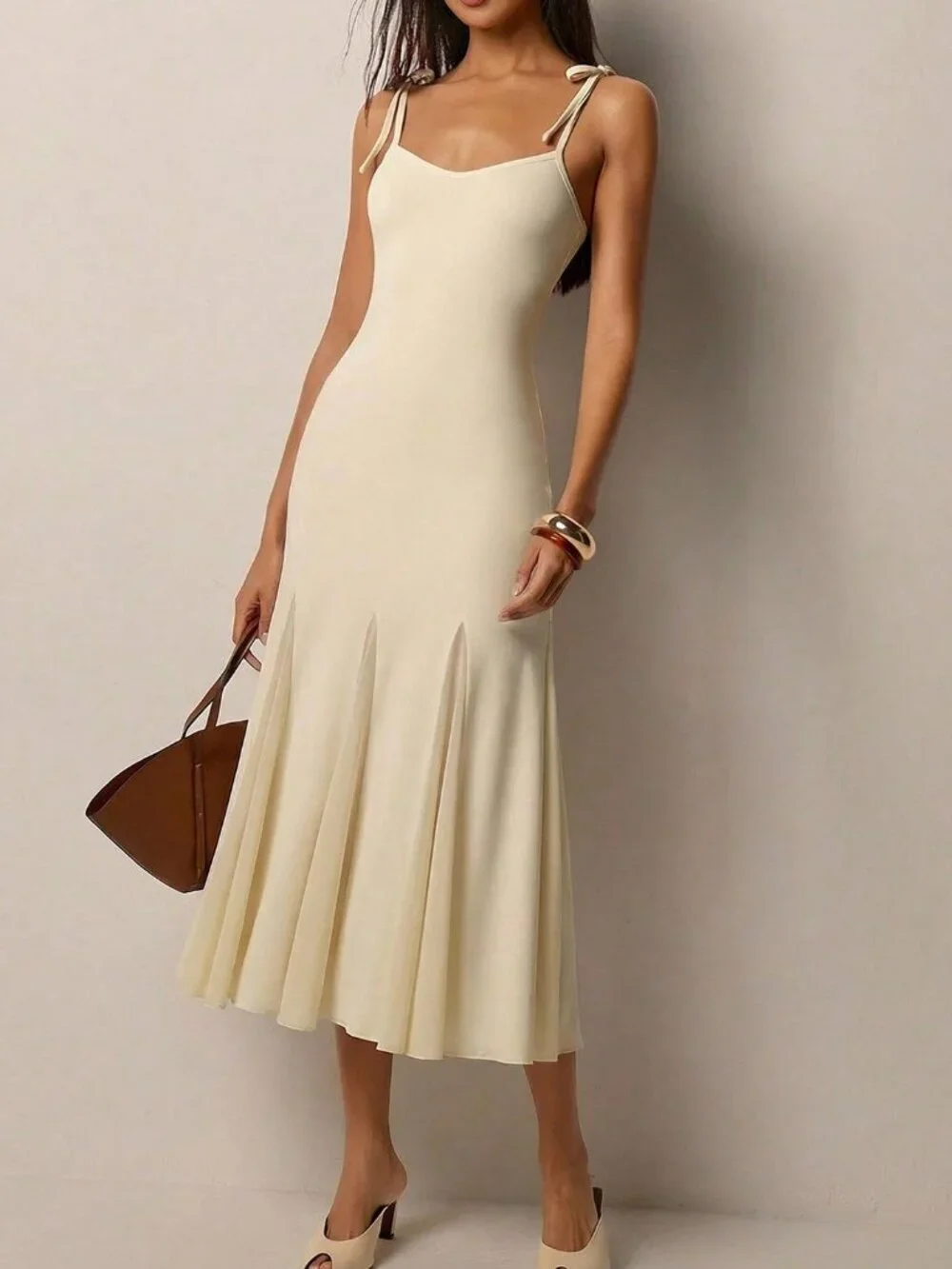Apricot Elegant Women's Casual Tie-strap Patchwork Hem Midi Dress - Picture 7 of 7